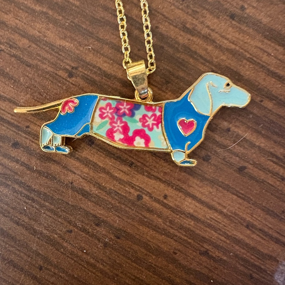 Anthropologie Blue and Gold Dachshund Necklace